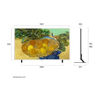 LG Gallery TV AI with frame LX7 ART TV shown in front and side views highlights an 65-inch display with a 1096 mm-wide screen, 850 mm screen height, 882/912 mm height with stand, a 40.5 mm profile depth, and a stand footprint measuring 1096 by 315 mm.